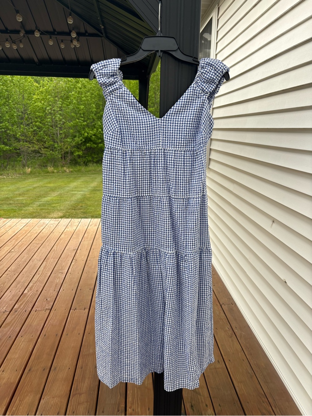Old Navy Blue and White Gingham Tiered Midi Dress